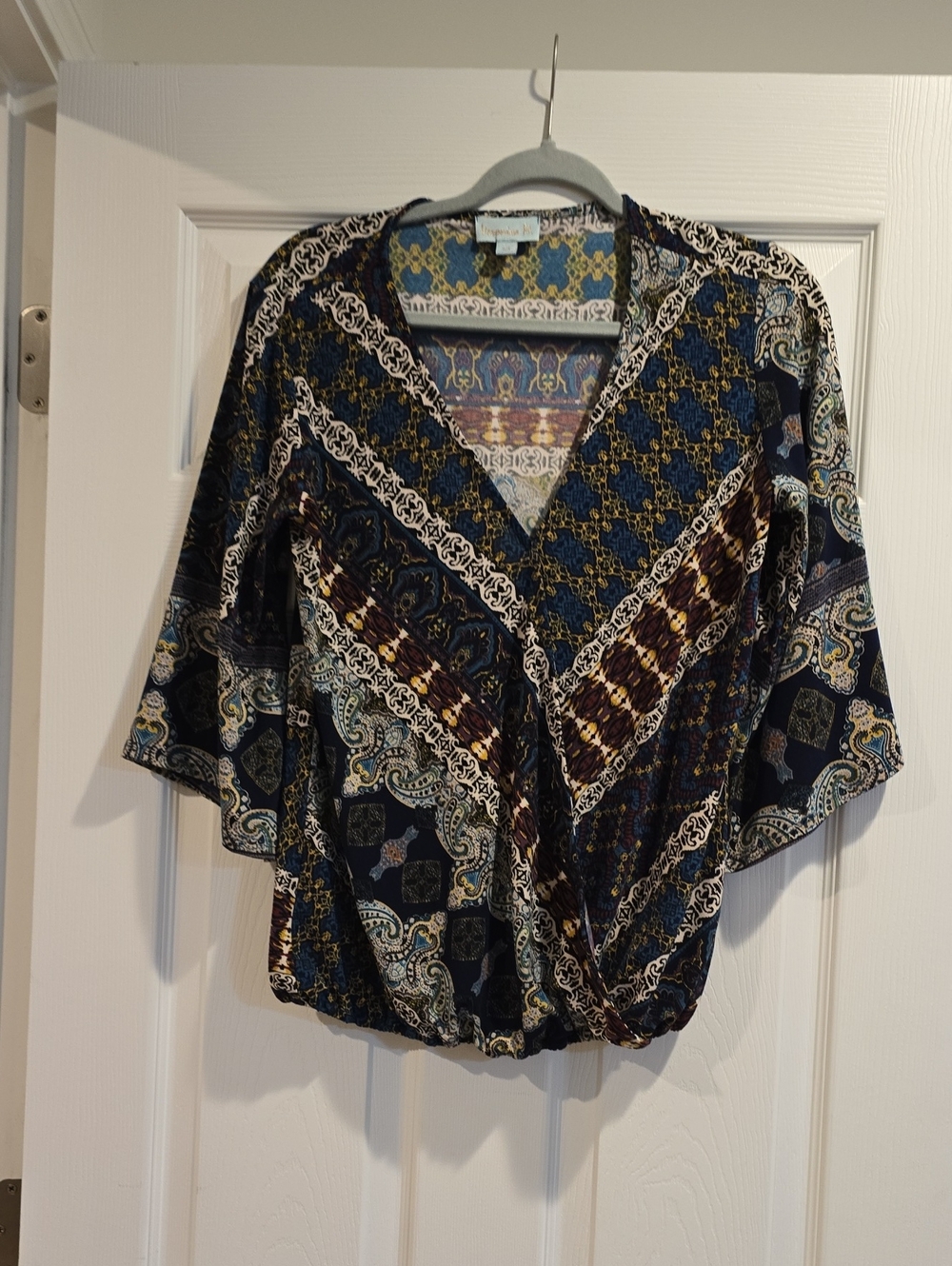 Veronica M Navy Multi V-Neck Patchwork Wrap Blouse